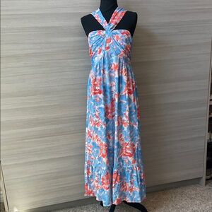 Grace Karin NEW Maxi Halter Dress Blue and Orange Floral - Pockets! Size Medium